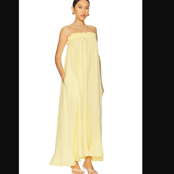 Show Me Your Mumu Around The World Maxi Dress - Strapless Yellow Cotton Gauze S - Picture 3 of 9